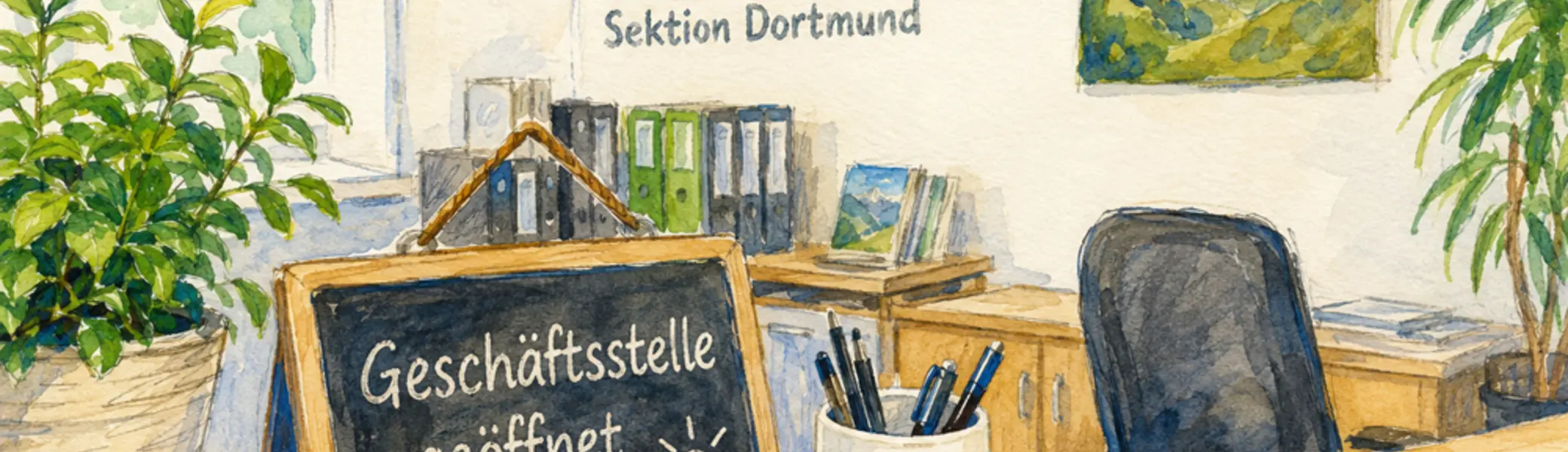 ymbolische Darstellung einer freundlichen und modernen Geschäftsstelle des Deutschen Alpenvereins mit Empfangstheke, Informationsmaterial, Pflanzen und Büroarbeitsplatz. | © DAV Dortmund