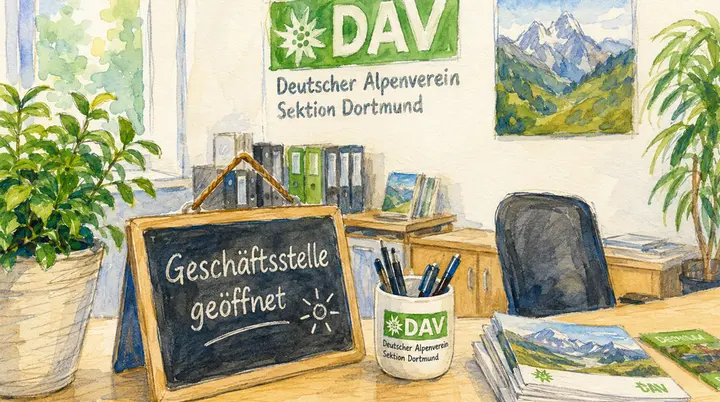 ymbolische Darstellung einer freundlichen und modernen Geschäftsstelle des Deutschen Alpenvereins mit Empfangstheke, Informationsmaterial, Pflanzen und Büroarbeitsplatz. | © DAV Dortmund