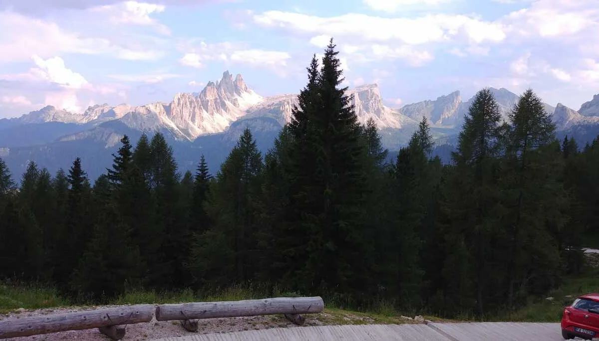 Panoramaaufnahme der Dolomiten mit bewaldetem Vordergrund und hellen Bergspitzen im Abendlicht. | © DAV Dortmund