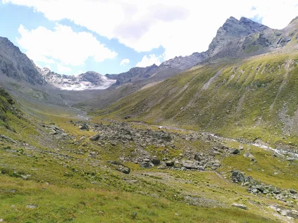 Blick in ein grünes, weites Gebirgstal mit Felsen, Wiesen und einem Gletscher im Hintergrund. | © DAV Dortmund