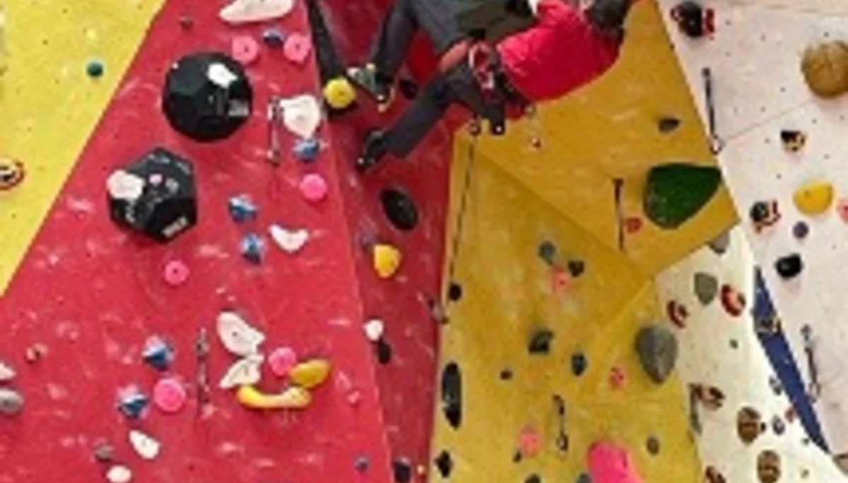 Eine Person klettert in einer bunten Kletterhalle an einer steilen, überhängenden Wand mit roten und gelben Griffen. | © DAV Dortmund