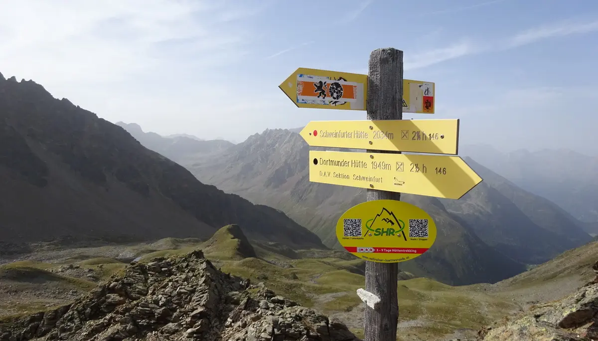 Wegweiser zur Dortmunder Hütte vor Alpenpanorama | © DAV Dortmund