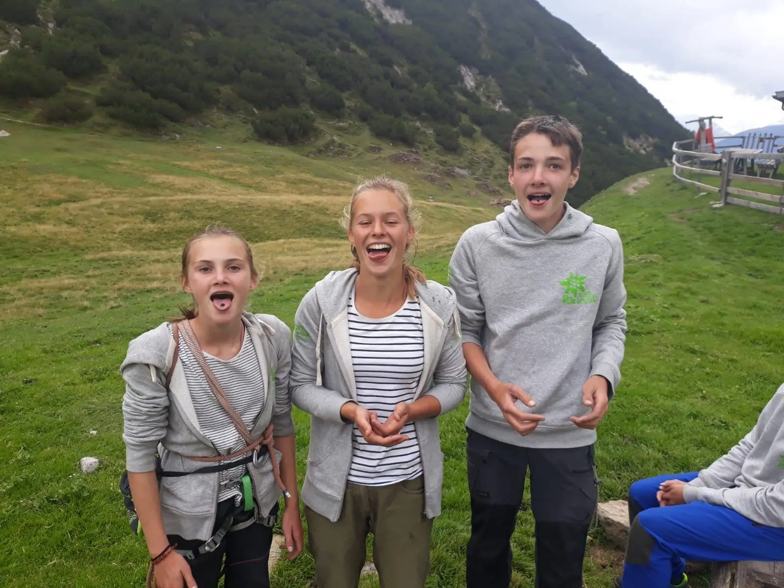 Drei Jugendliche stehen auf einer Almwiese, lachen und strecken die Zungen raus, im Hintergrund Berglandschaft. | © DAV Dortmund
