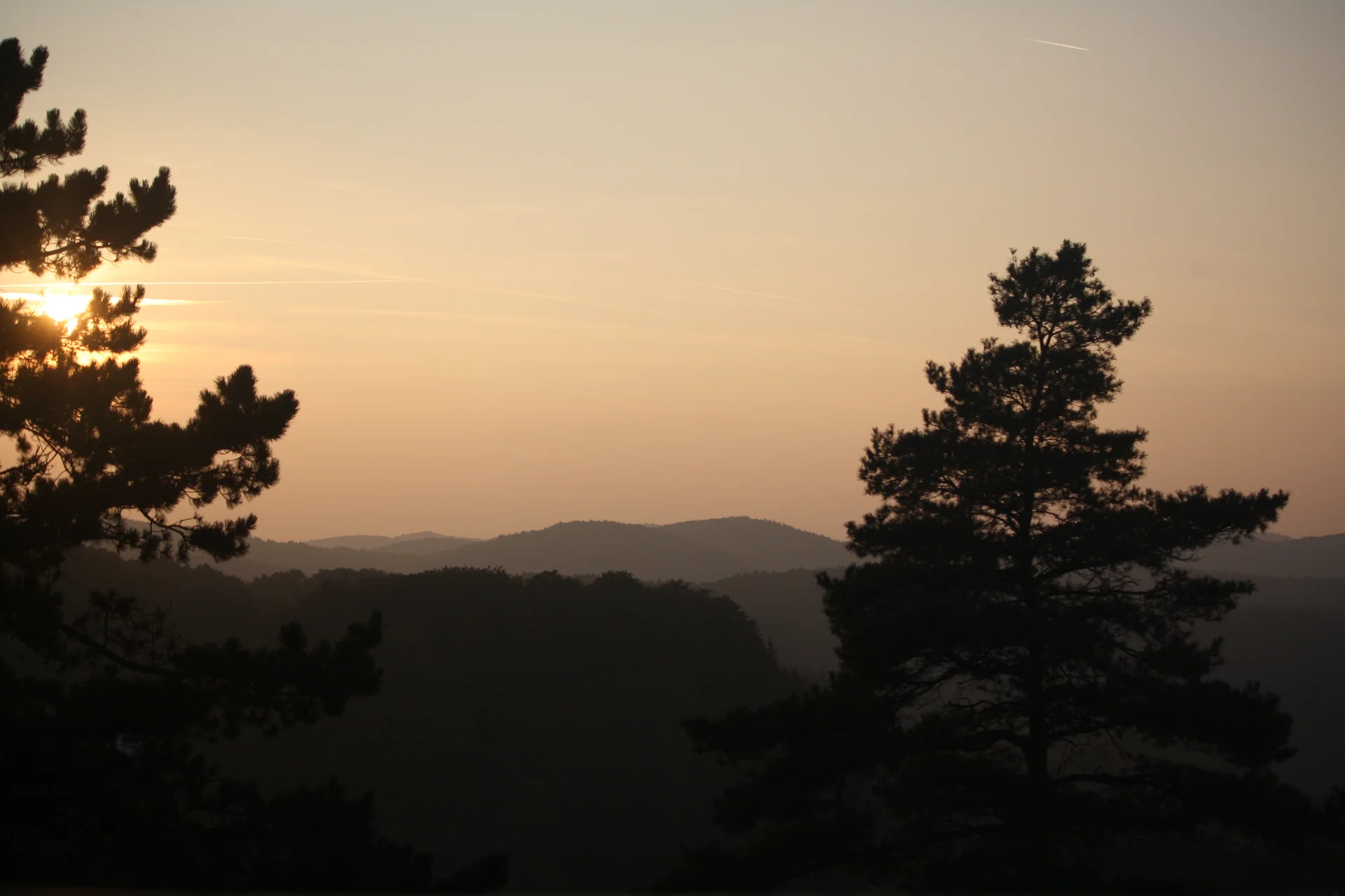 Abendstimmung mit dunklen Bäumen im Vordergrund und Sonnenuntergang in den Hügeln. | © DAV Dortmund