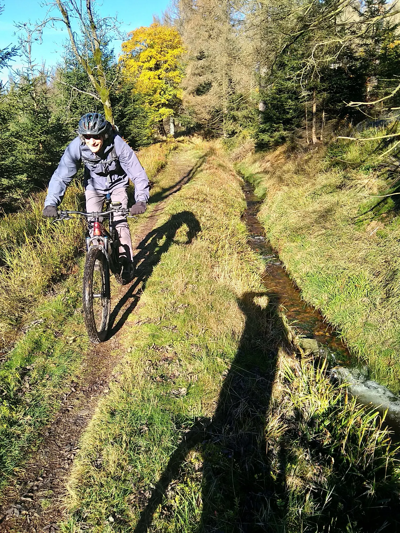 Ein Mountainbiker fährt konzentriert auf einem schmalen Pfad durch den Wald mit Graben rechts. | © DAV Dortmund