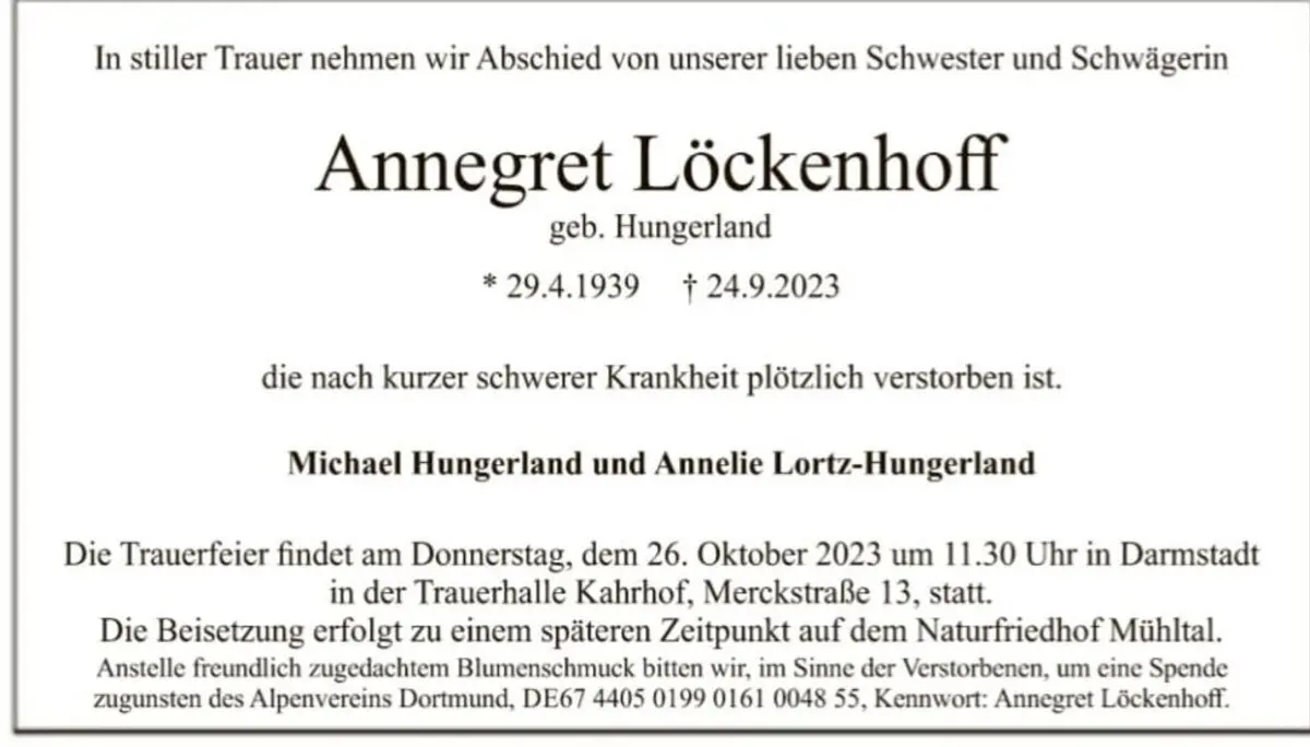 Schwarz gerahmte Traueranzeige mit den Daten und Angaben zur Beerdigung von Annegret Löckenhoff. | © DAV Dortmund