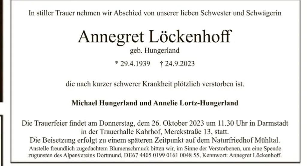 Schwarz gerahmte Traueranzeige mit den Daten und Angaben zur Beerdigung von Annegret Löckenhoff. | © DAV Dortmund