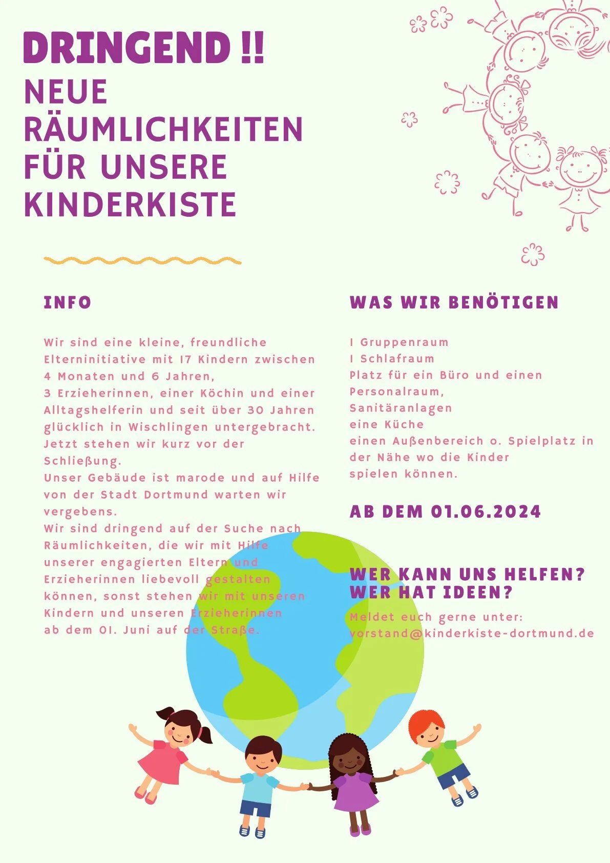 Plakat mit Aufruf für neue Räume für die Kinderbetreuungseinrichtung „Kinderkiste“ mit Textinfos und Illustrationen. | © Kinderkiste Dortmund
