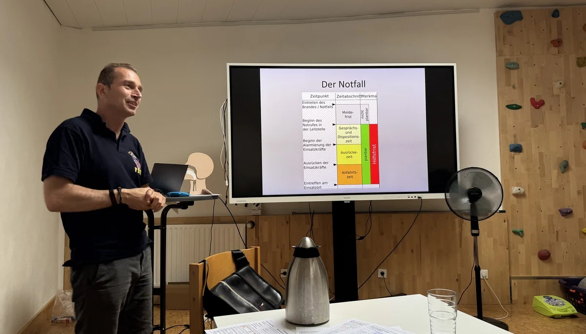 Ein Mann präsentiert ein Notfall-Diagramm auf einem Bildschirm im DAV-Vereinsraum. | © DAV Dortmund