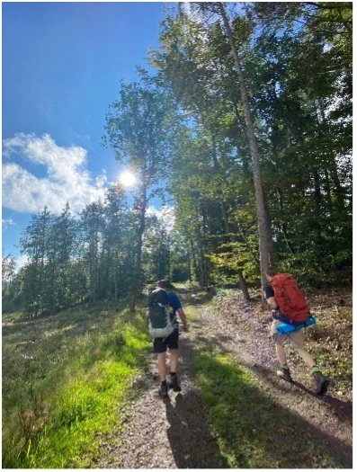 Zwei Wanderer mit Rucksack auf sonnigem Waldweg | © DAV Dortmund