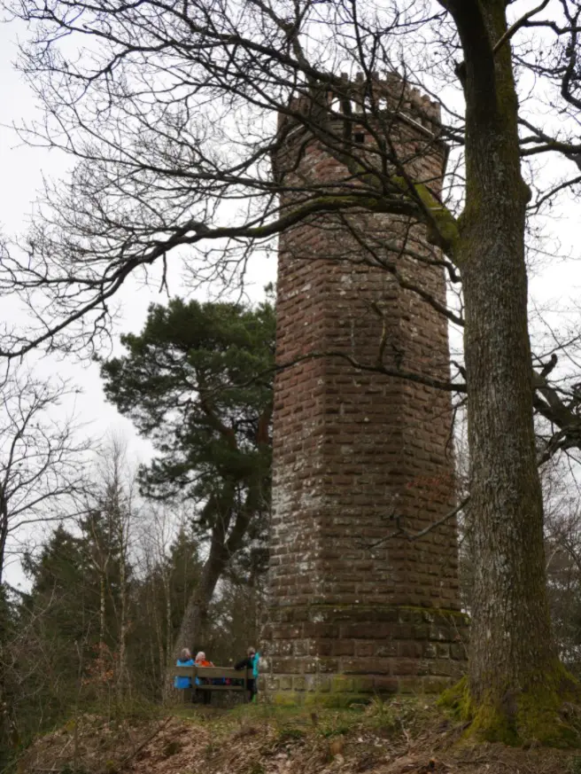 Alter runder Aussichtsturm aus Sandstein zwischen Bäumen im Pfälzerwald. | © DAV Dortmund