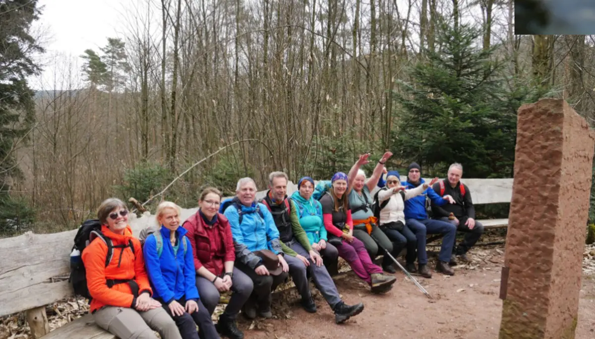 Wandergruppe sitzt auf Holzbank in ruhiger Waldlandschaft und macht Pause. | © DAV Dortmund