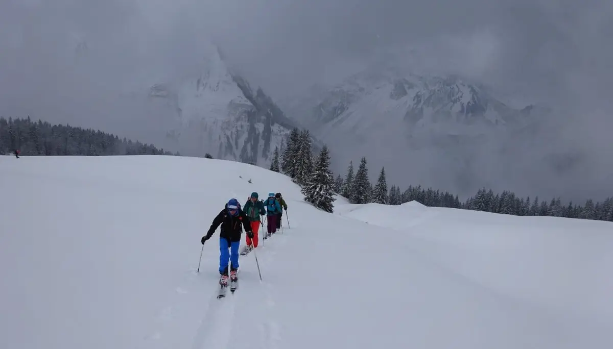 Eine Gruppe geht mit Tourenski durch tief verschneite Winterlandschaft bei bewölktem Himmel. | © DAV Dortmund
