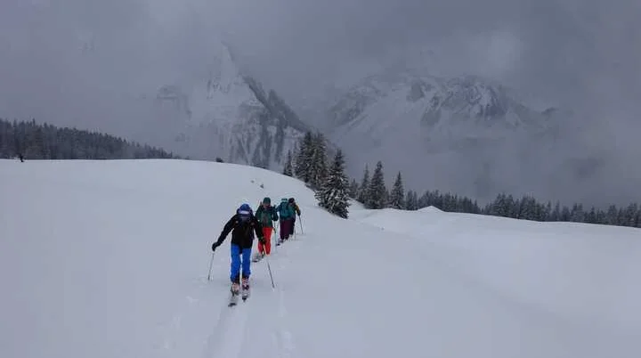 Eine Gruppe geht mit Tourenski durch tief verschneite Winterlandschaft bei bewölktem Himmel. | © DAV Dortmund
