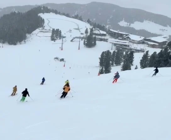 Mehrere Skifahrende fahren eine breite Piste mit Blick auf ein Skigebiet hinab. | © DAV Dortmund