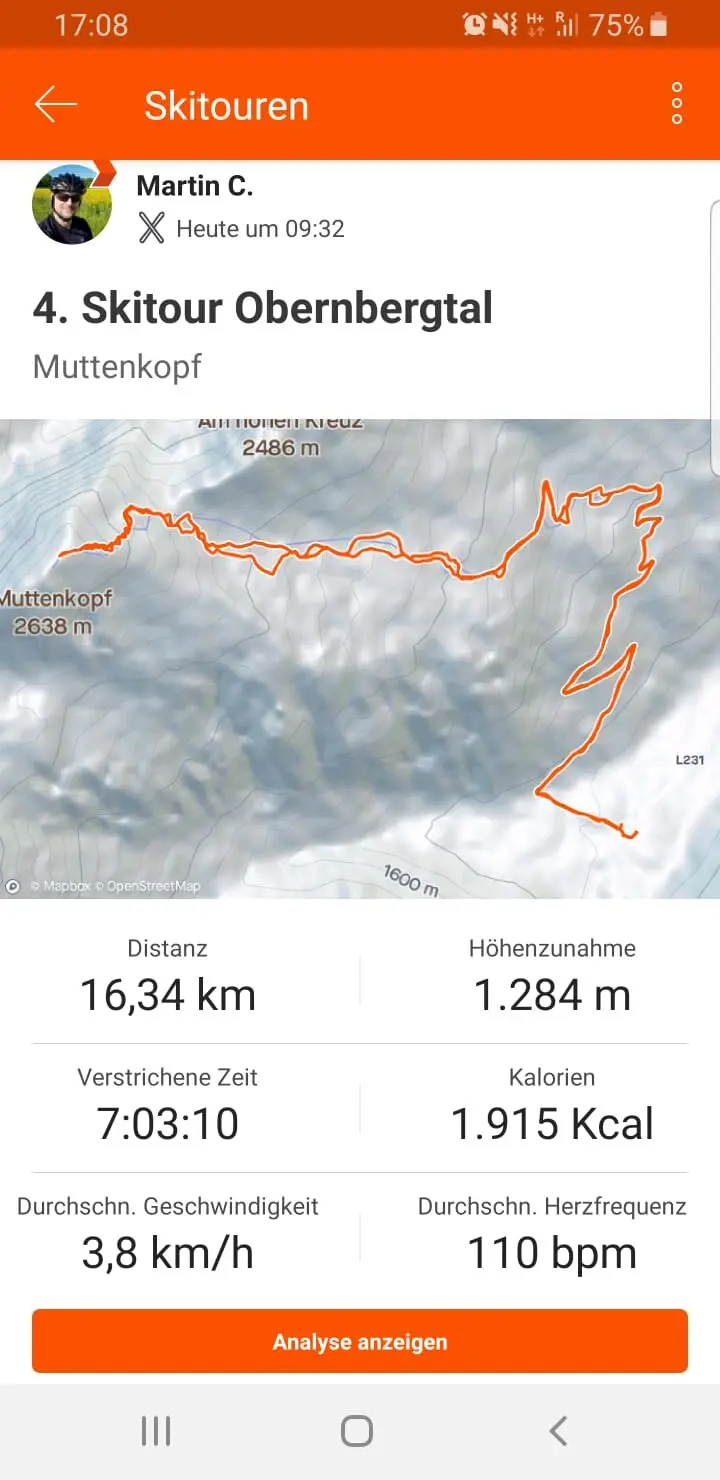Screenshot einer Skitour mit Strecke, Höhenprofil und Leistungsdaten auf einem Mobilgerät. | © DAV Dortmund