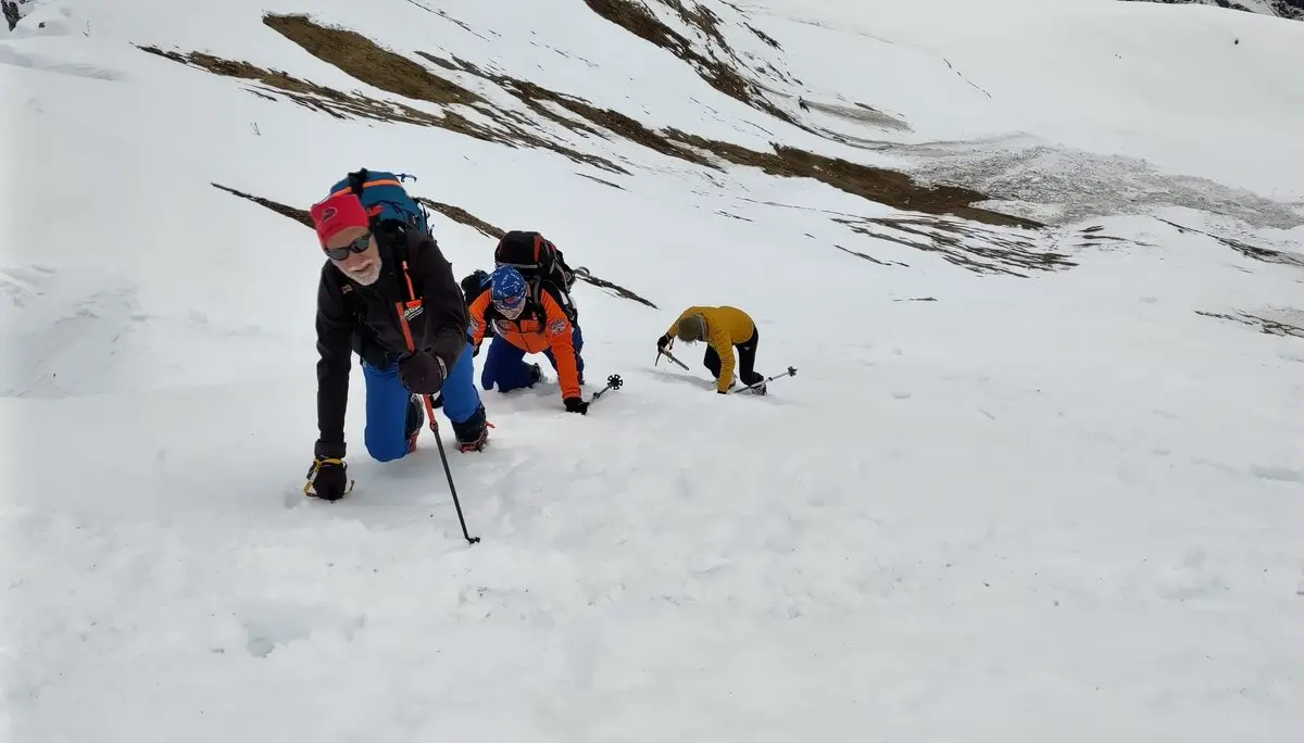 Drei Skitourengeher*innen klettern einen steilen Schneehang auf allen Vieren hinauf, mit Skiern auf dem Rücken. | © DAV Dortmund