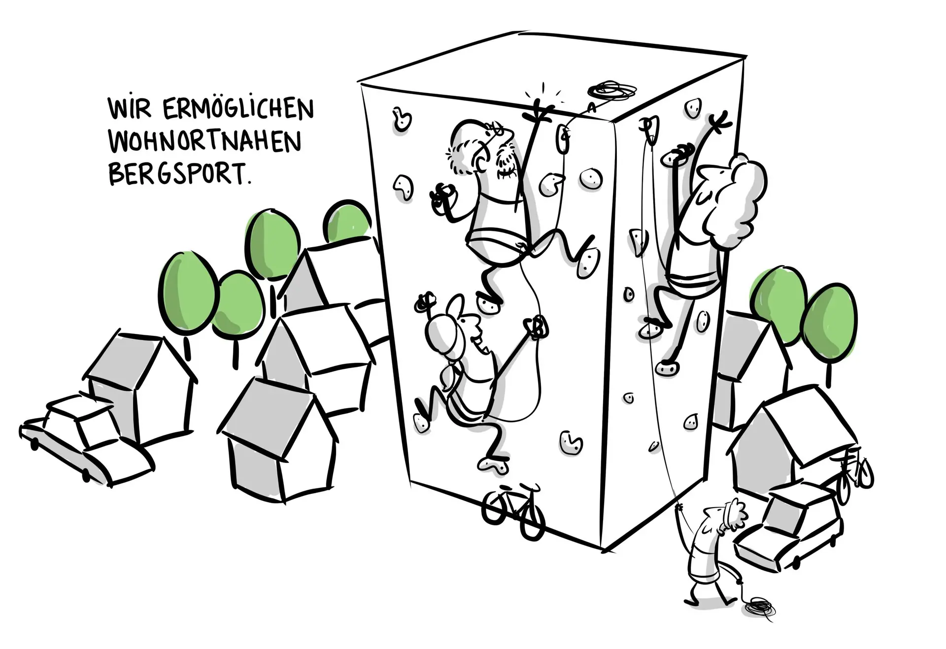 Comic-Zeichnung von Menschen, die an einer künstlichen Kletterwand inmitten eines Wohngebiets klettern. | © DAV // Jai Wanigesinghe