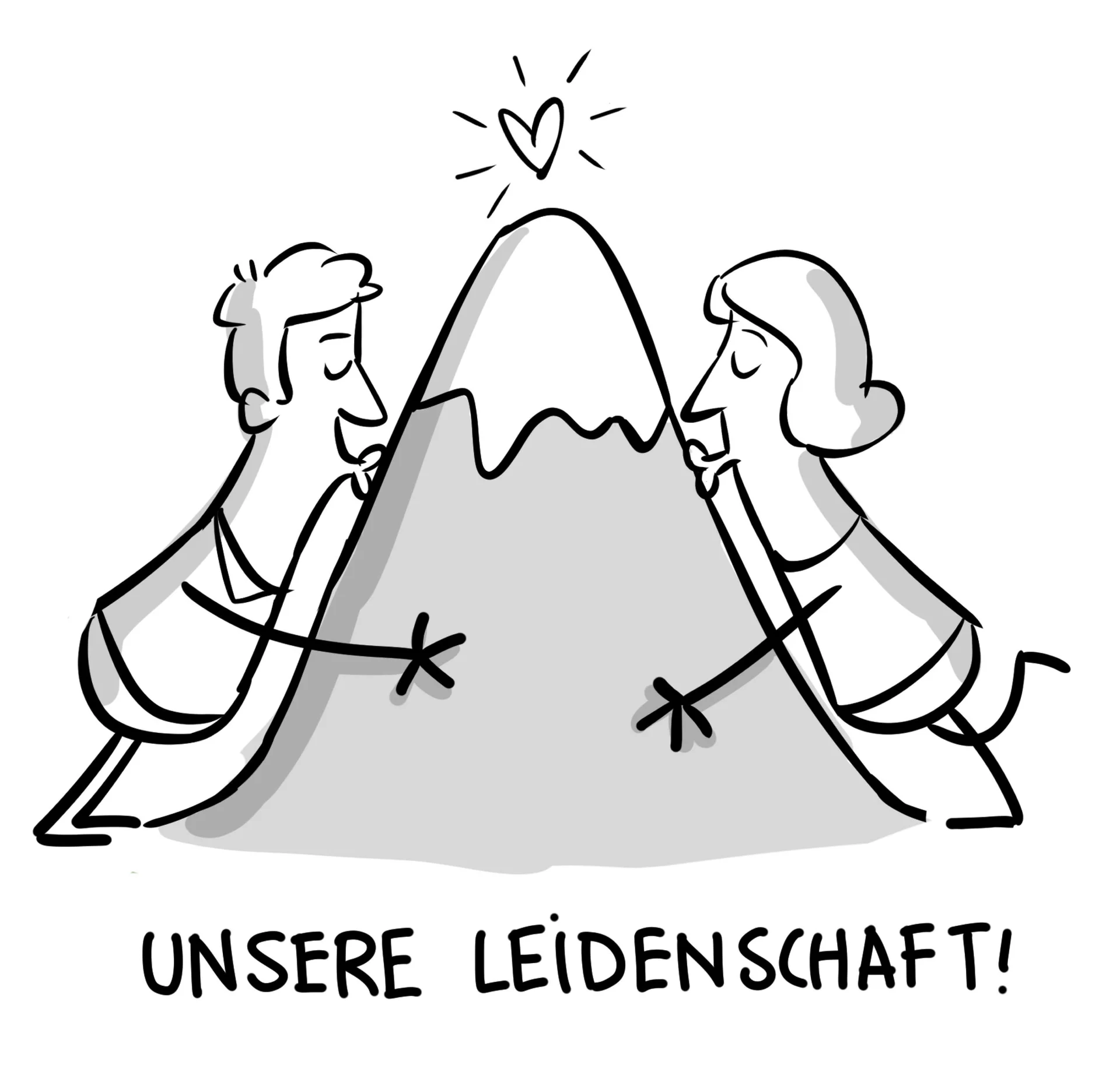 Unsere Leidenschaft – Bergliebe | © DAV // Jai Wanigesinghe Schwarz-weiße Illustration: zwei Personen umarmen einen Berg mit Herzsymbol darüber. Text: „Unsere Leidenschaft“. | © DAV // Jai Wanigesinghe