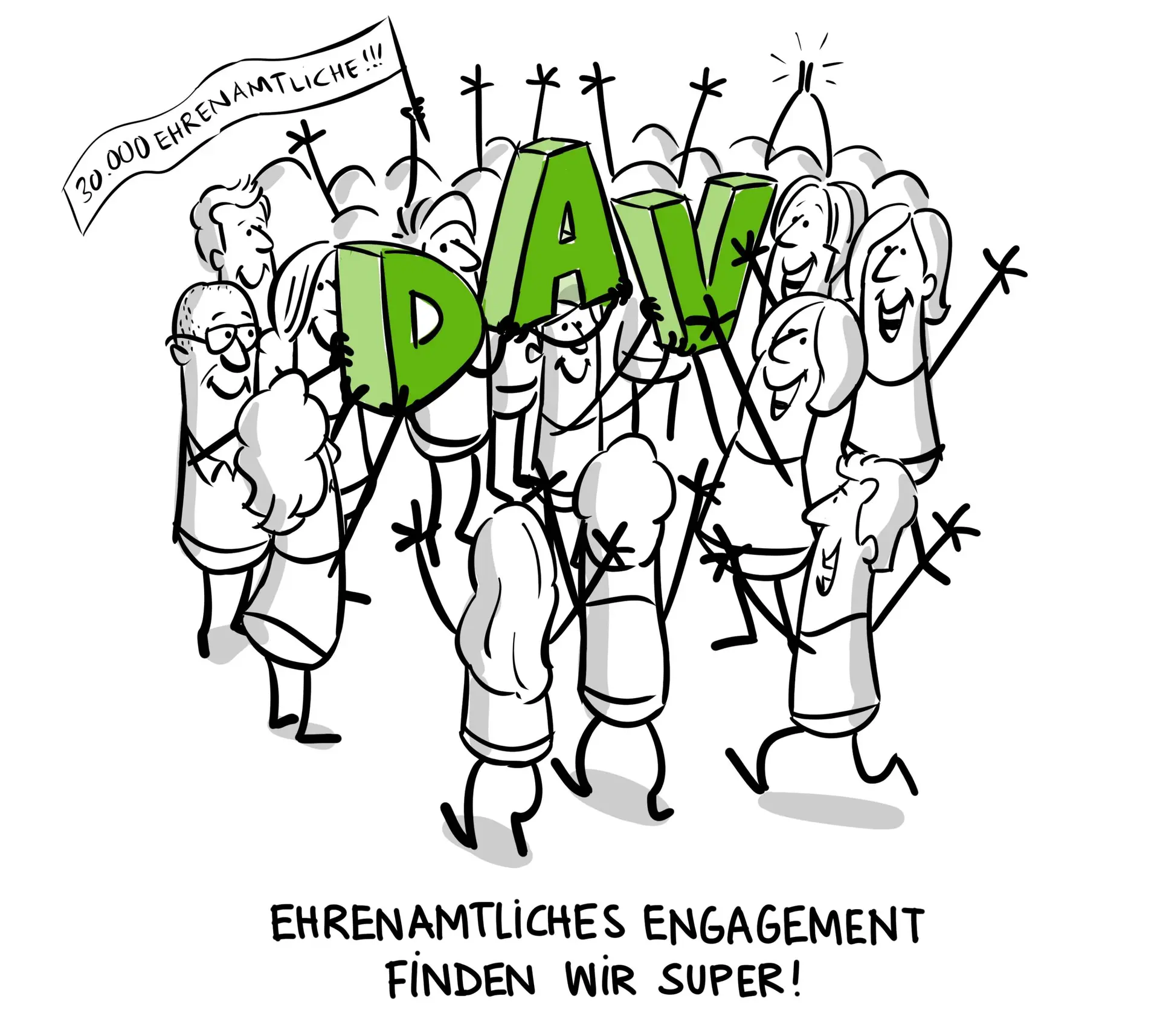 Gruppe feiernder Menschen mit grünem „DAV“-Schriftzug und Banner „So sind Ehrenamtliche!“. | © DAV // Jai Wanigesinghe