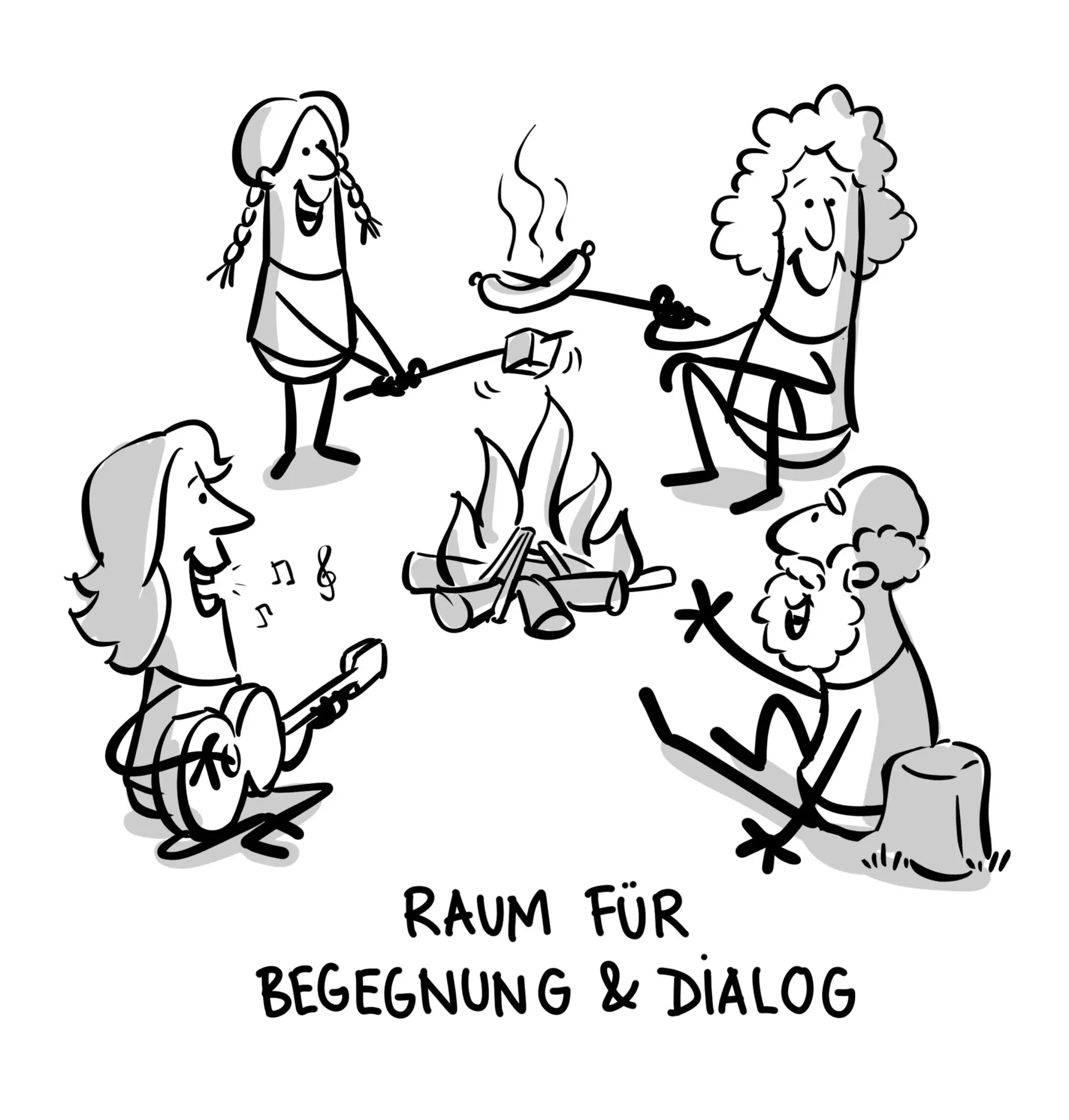 Vier Personen musizieren und grillen gemeinsam am Lagerfeuer, Text: „Raum für Begegnung & Dialog“. | © DAV // Jai Wanigesinghe