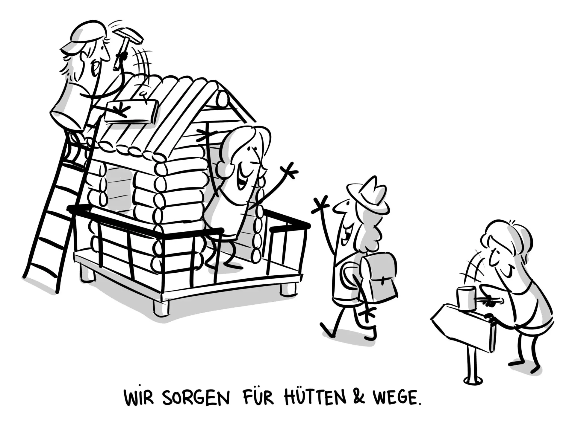Comic-Zeichnung von Personen beim Bau und der Pflege einer Hütte, darunter Text: „Wir sorgen für Hütten & Wege.“ | © DAV // Jai Wanigesinghe