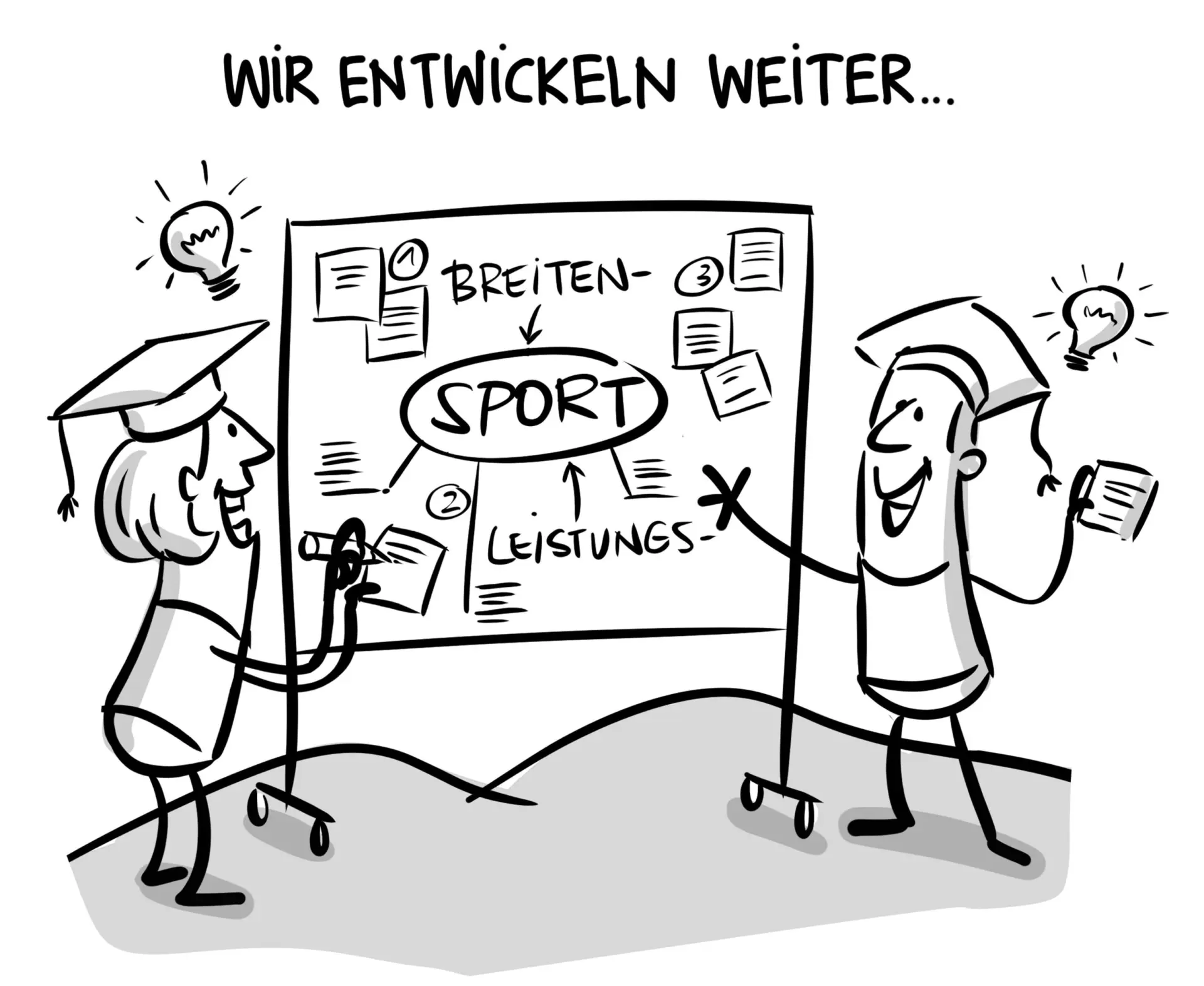Zwei Personen mit Doktorhüten vor einem Whiteboard, auf dem „Breitensport → Leistungssport“ steht. Text: „Wir entwickeln weiter…“ | © DAV // Jai Wanigesinghe