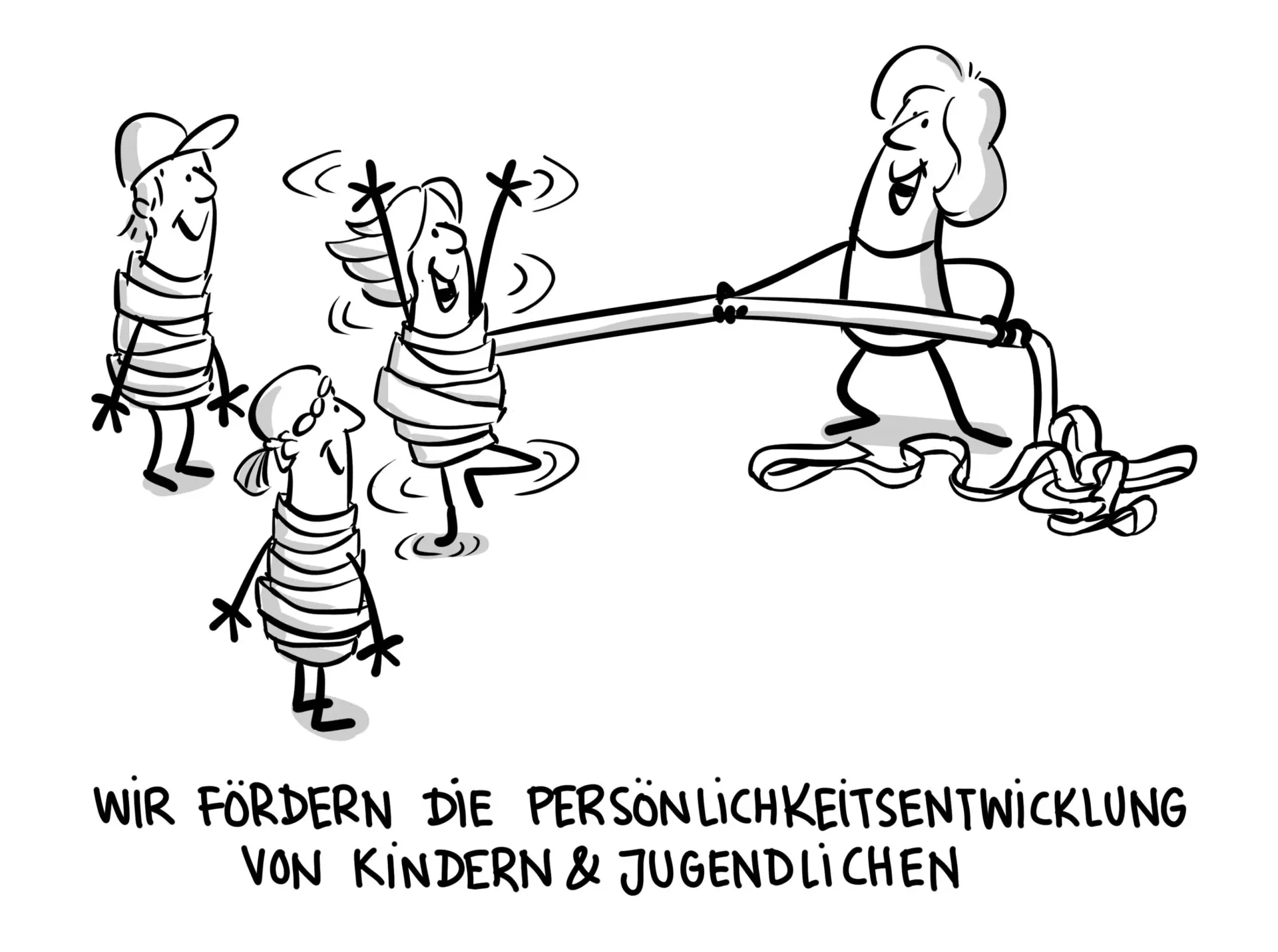 Comic-Szene: Kinder und Jugendliche in einem Spiel mit Seil und Unterstützung durch Erwachsene. Text: „Wir fördern die Persönlichkeitsentwicklung von Kindern & Jugendlichen“. | © DAV // Jai Wanigesinghe
