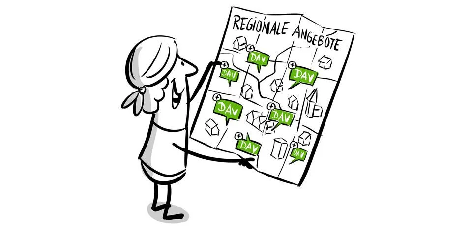 Regionale Angebote – Übersicht | © DAV // Jai Wanigesinghe Comic-Figur hält eine Karte mit DAV-Symbolen, Text: „Regionale Angebote“. | © DAV // Jai Wanigesinghe