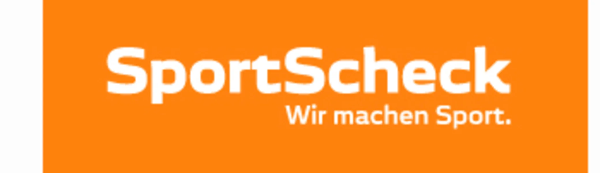 Orangefarbenes Logo mit weißem Text „SportScheck – Wir machen Sport“. | © SportScheck