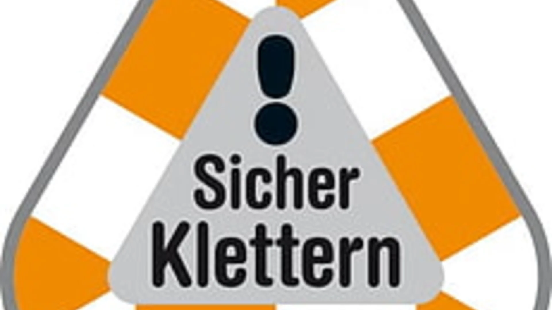 Sicher Klettern – DAV-Kampagne | © DAV Dreieckiges Schild mit orangem Rand, Ausrufezeichen und Text „Sicher Klettern“, DAV-Logo unten. | © DAV