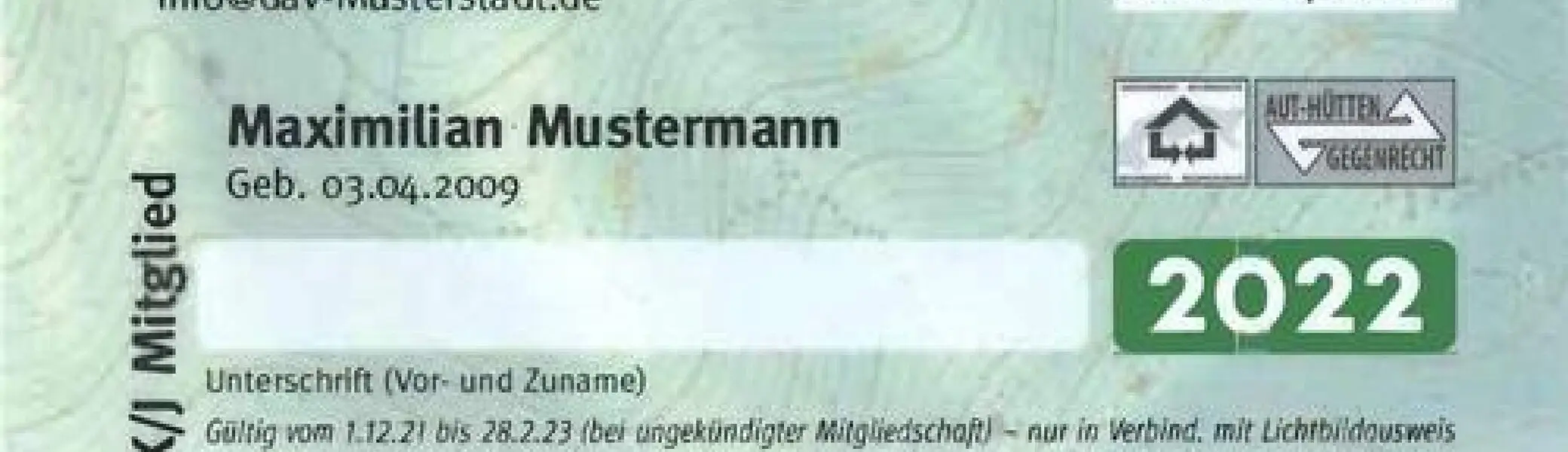 Muster eines DAV-Mitgliedsausweises mit Beispielname und Mitgliedsnummer, Jahr 2022. | © DAV