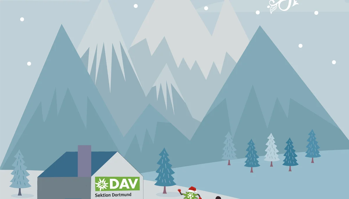 Winterliche Grafik mit DAV-Hütte, Familie und Weihnachtsgrüßen, Text: „Frohe Weihnachten und ein gutes neues Jahr“. | © DAV Dortmund