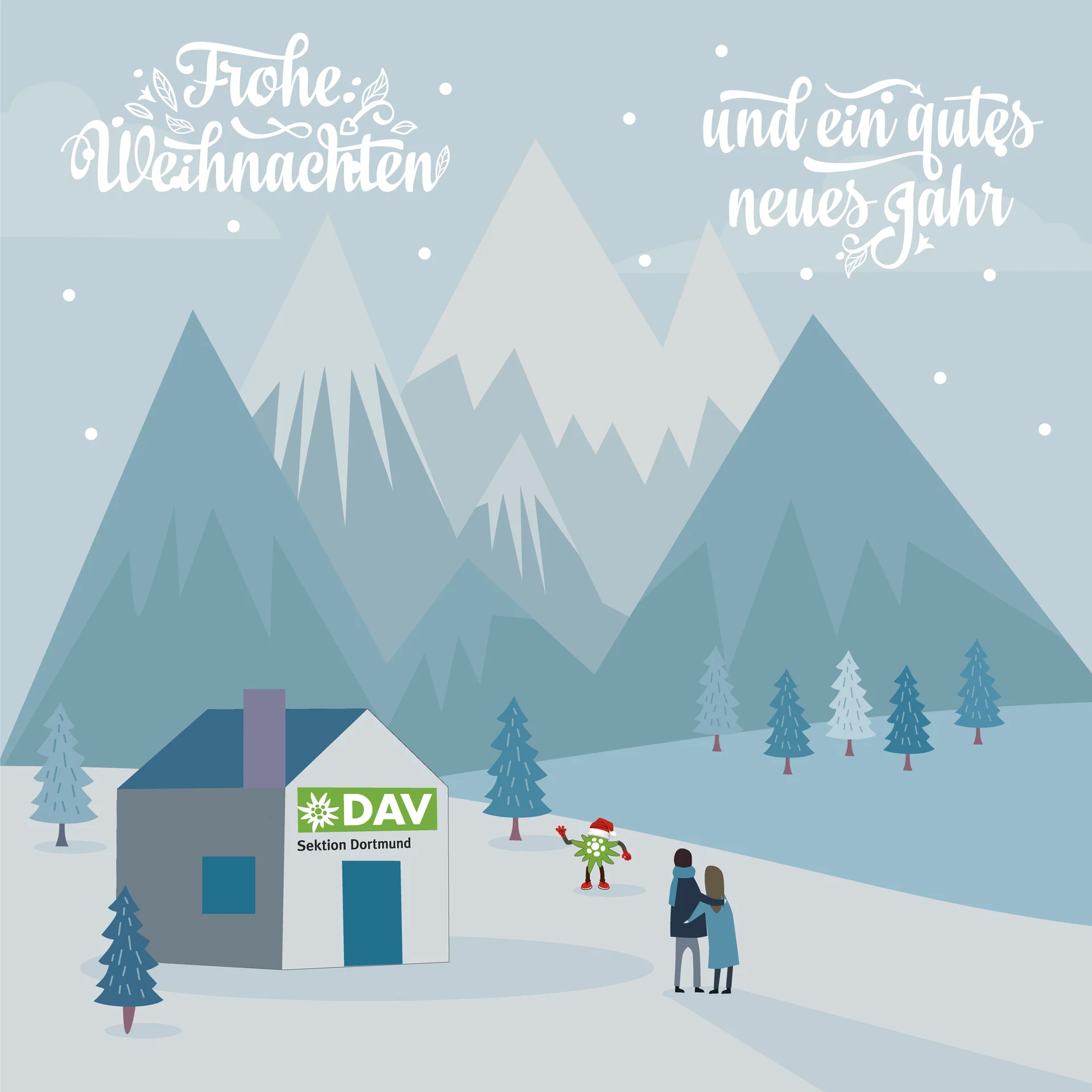 Winterliche Grafik mit DAV-Hütte, Familie und Weihnachtsgrüßen, Text: „Frohe Weihnachten und ein gutes neues Jahr“. | © DAV Dortmund