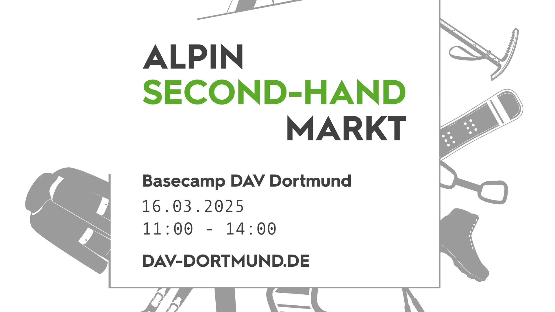 Ankündigung eines Second-Hand-Markts für Bergsportausrüstung, mit Icons wie Ski, Helm, Zelt. | © DAV Dortmund