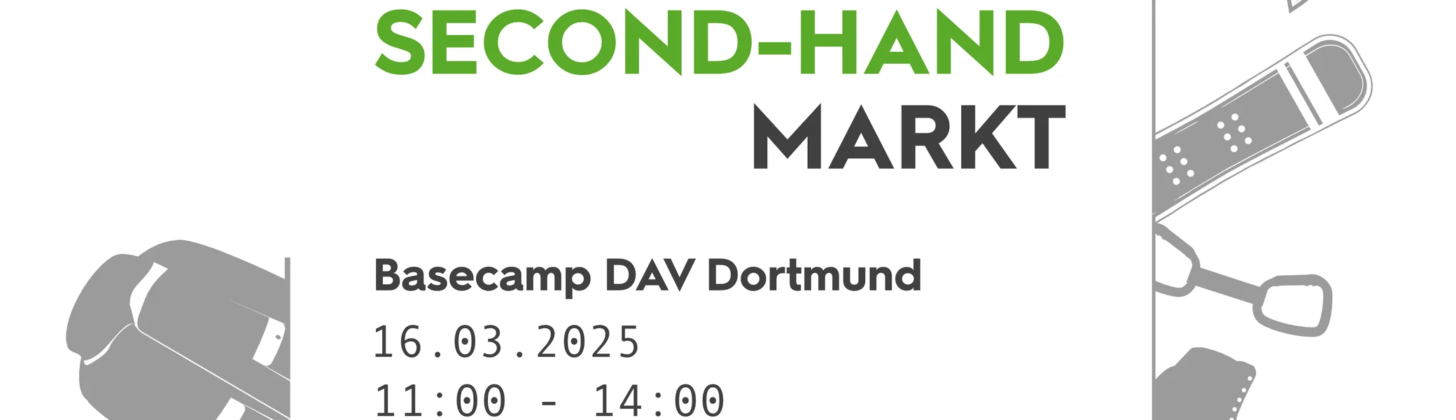 Ankündigung eines Second-Hand-Markts für Bergsportausrüstung, mit Icons wie Ski, Helm, Zelt. | © DAV Dortmund