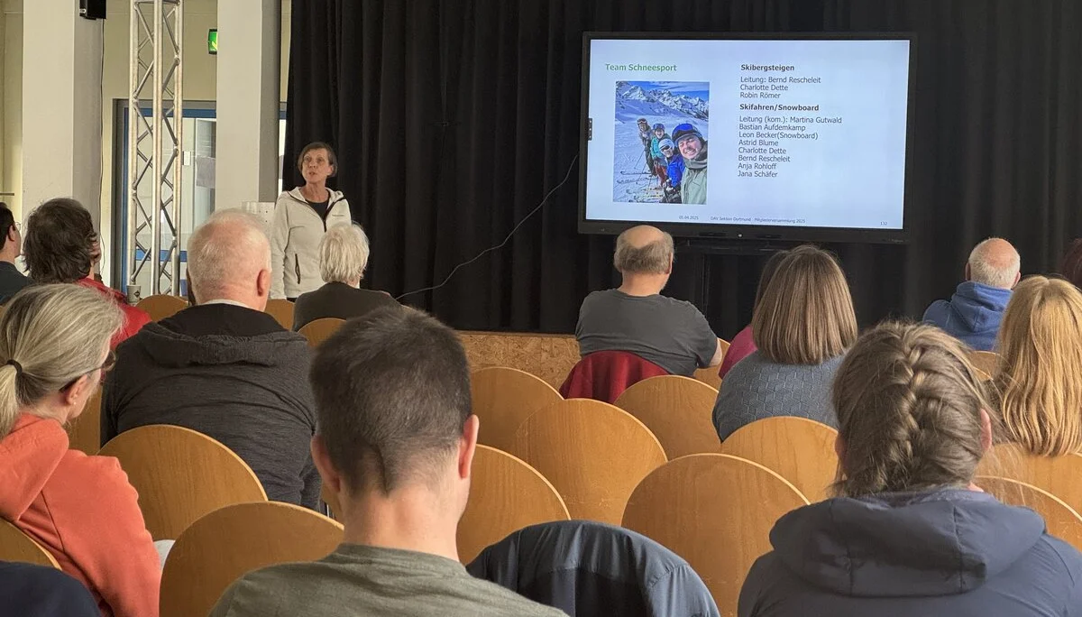 Vortrag mit Folie über Jugendaktivitäten im DAV, Publikum von hinten sichtbar. | © DAV Dortmund