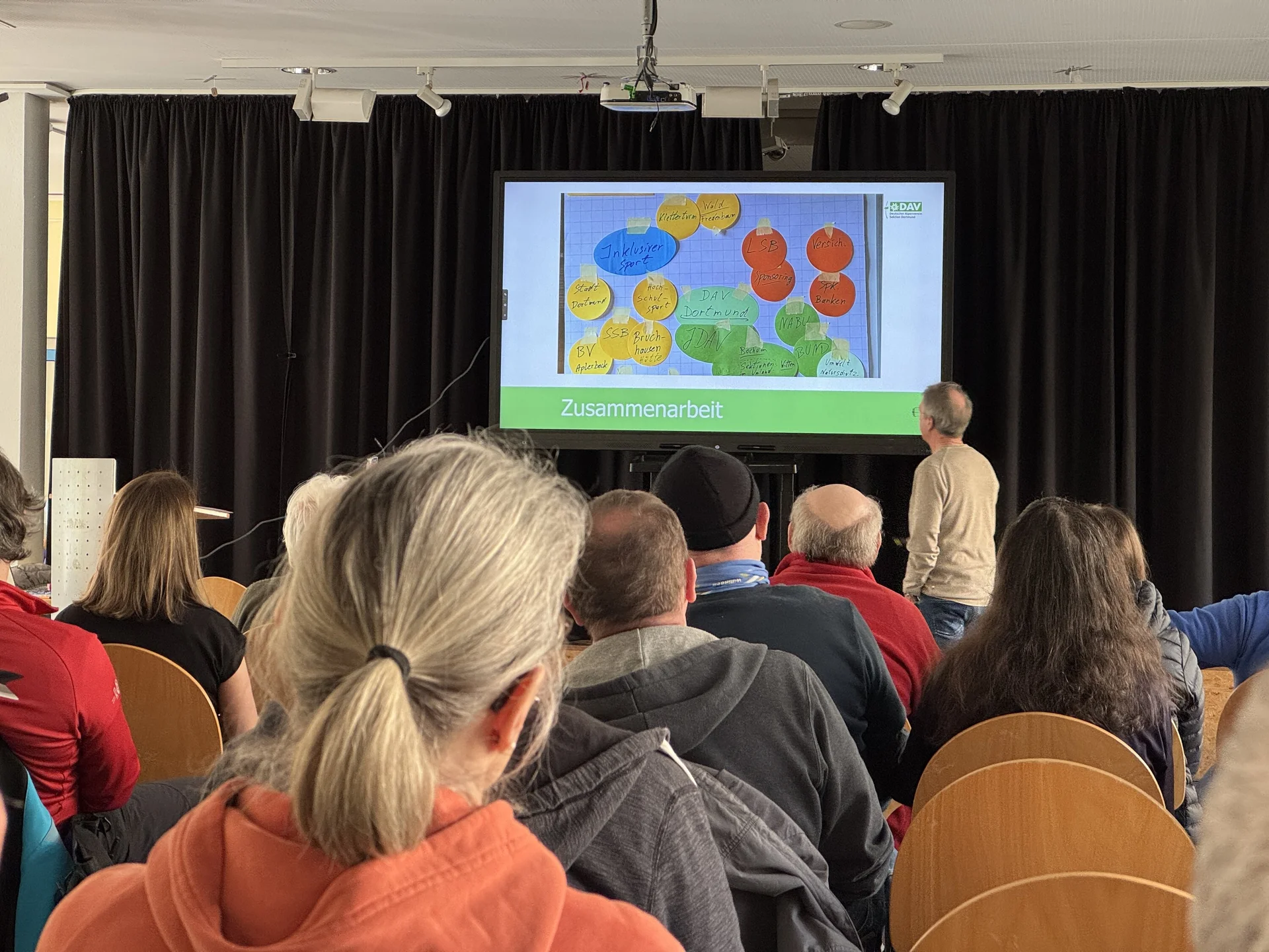 Vortrag vor Publikum mit Folie zum Thema „Zusammenarbeit“ mit bunten Sprechblasen. | © DAV Dortmund