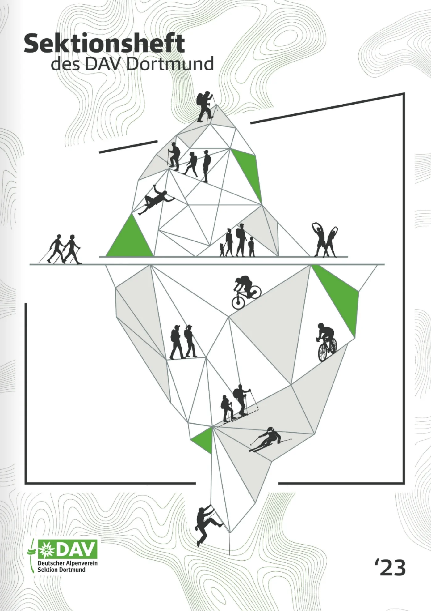 Titelblatt des DAV Dortmund Sektionshefts 2023, abstrakte Kletterfigur auf geometrischem Hintergrund. | © DAV Dortmund