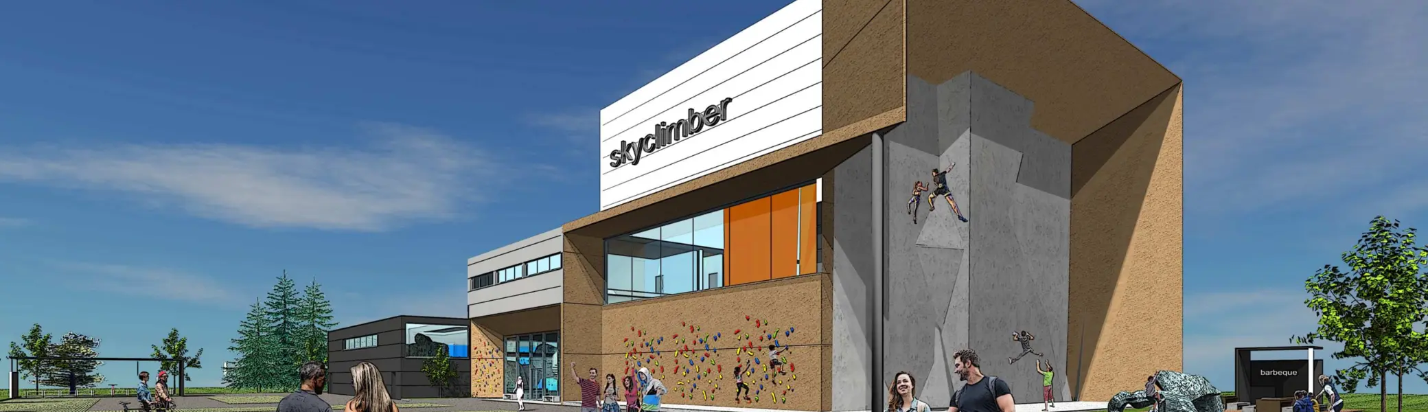 Moderne Visualisierung des geplanten DAV-Zentrums mit Kletterwand, Personen und Fahrradstellplätzen. | © Architekturbüro Odenwaeller Dortmund