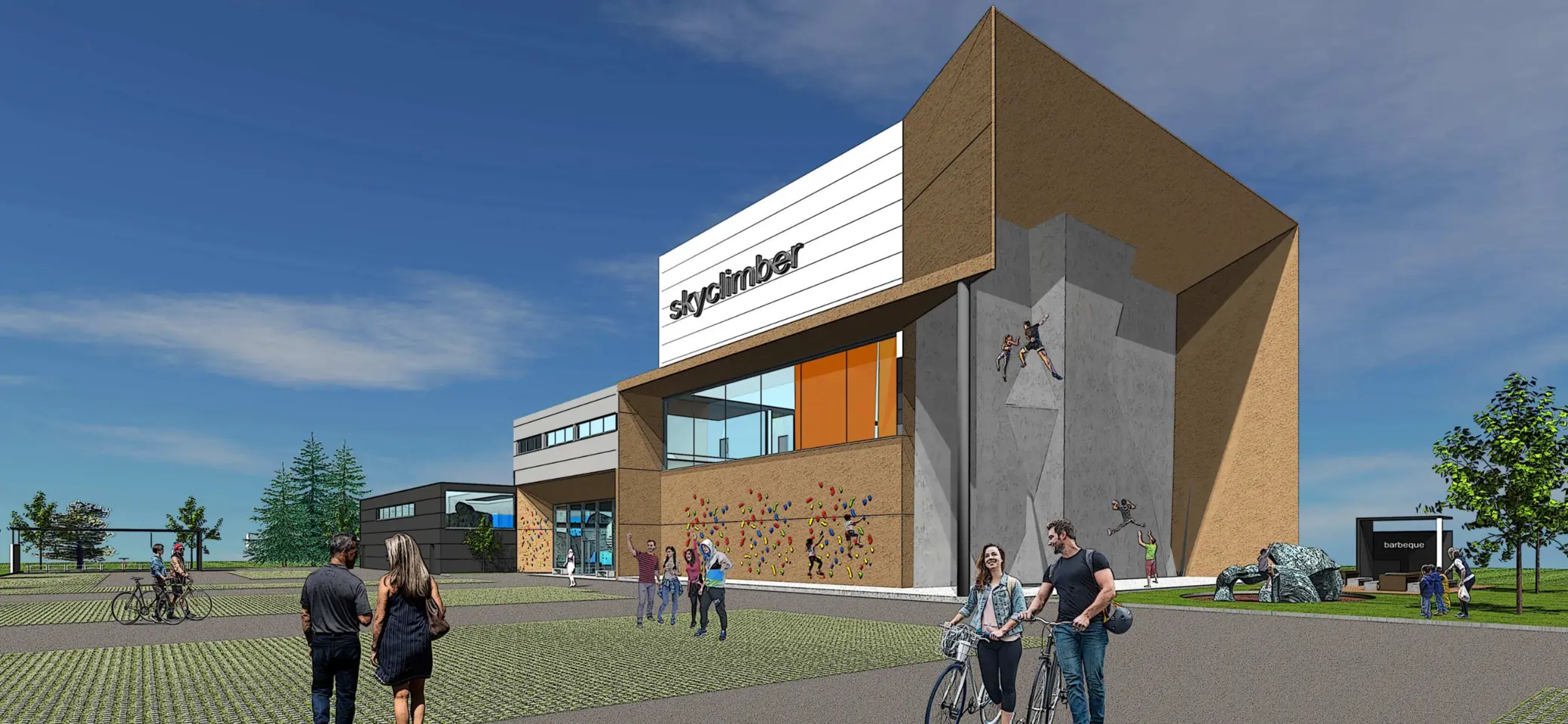 Moderne Visualisierung des geplanten DAV-Zentrums mit Kletterwand, Personen und Fahrradstellplätzen. | © Architekturbüro Odenwaeller Dortmund