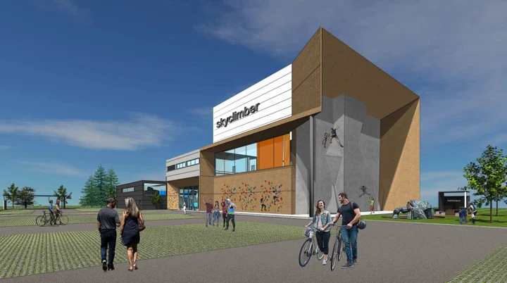 Moderne Visualisierung des geplanten DAV-Zentrums mit Kletterwand, Personen und Fahrradstellplätzen. | © Architekturbüro Odenwaeller Dortmund