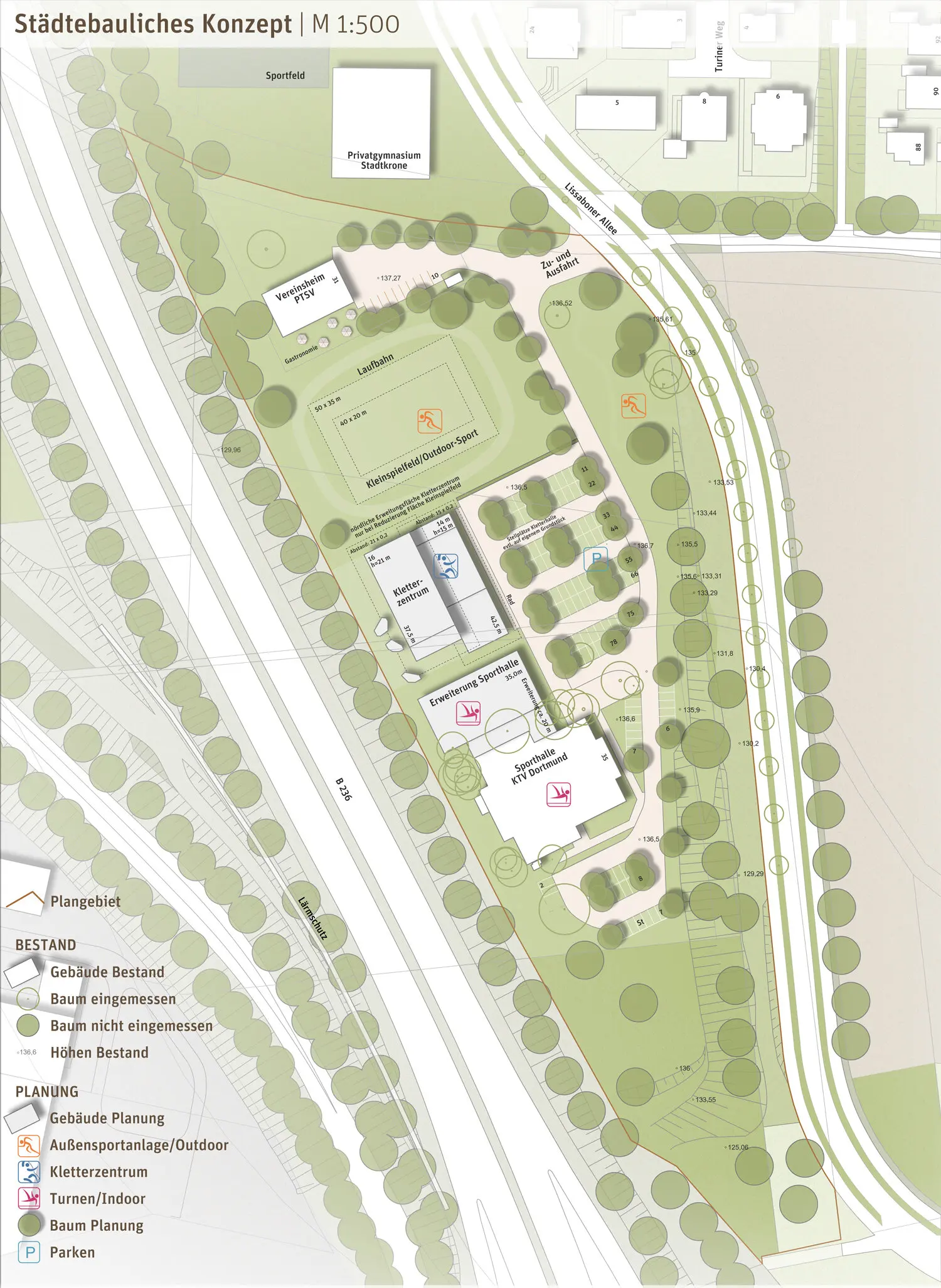 Farbige Lagekarte des geplanten DAV-Zentrums Dortmund, Maßstab 1:500. | © DAV Dortmund