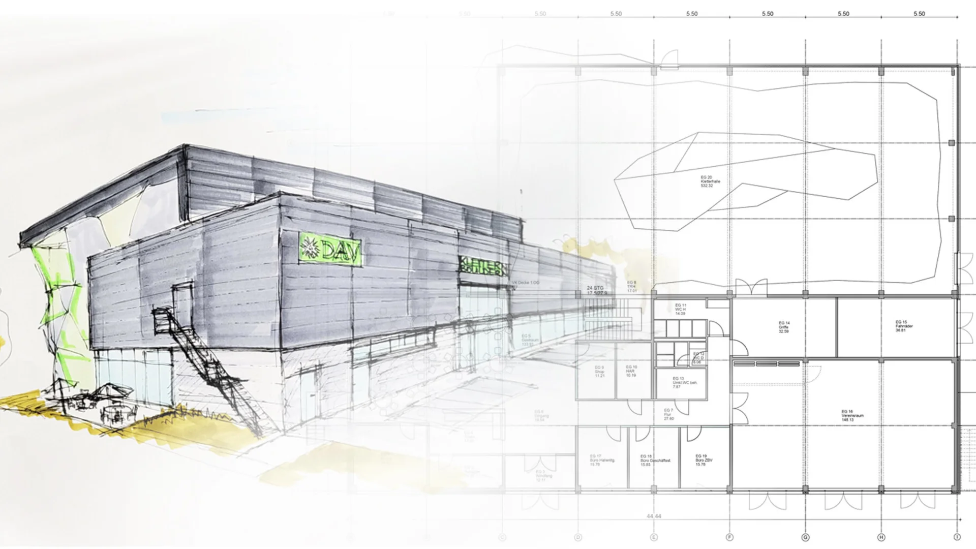Kombination aus perspektivischer Skizze des DAV-Zentrums mit sichtbarer Kletterwand und Gebäudegrundriss. | © DAV Dortmund