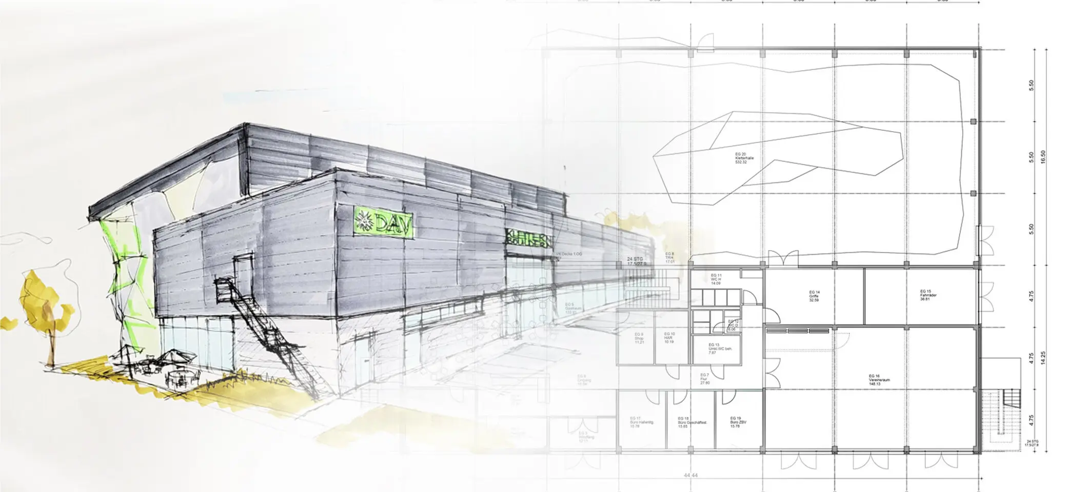 Kombination aus perspektivischer Skizze des DAV-Zentrums mit sichtbarer Kletterwand und Gebäudegrundriss. | © DAV Dortmund