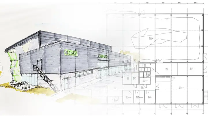 Kombination aus perspektivischer Skizze des DAV-Zentrums mit sichtbarer Kletterwand und Gebäudegrundriss. | © DAV Dortmund