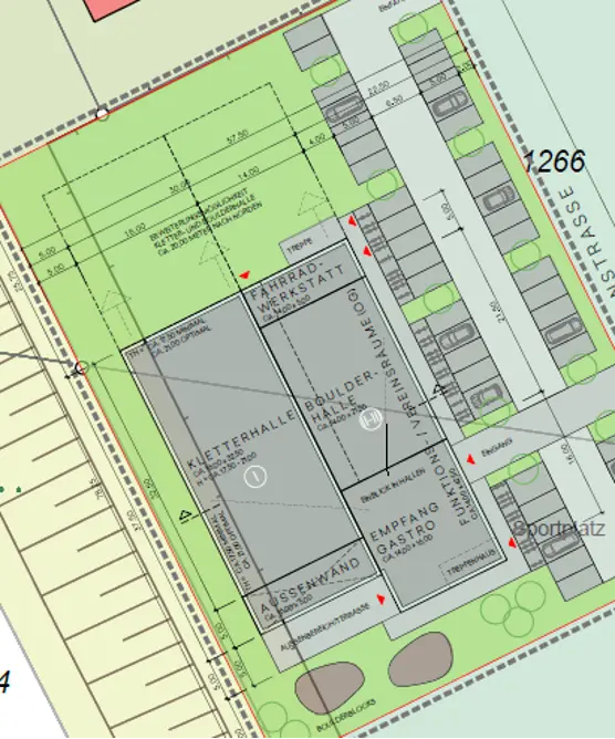 Architektonischer Lageplan mit eingezeichneter Halle, Außenflächen und Parkplätzen. | © DAV Dortmund