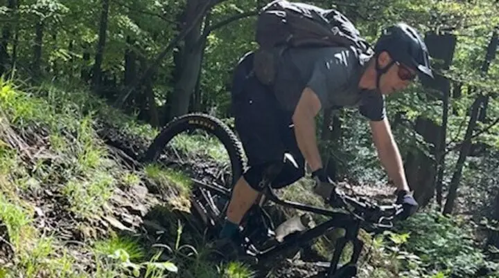 Ein Mountainbiker mit Helm und Rucksack fährt steil bergab durch einen sonnigen Waldabschnitt. | © DAV Dortmund