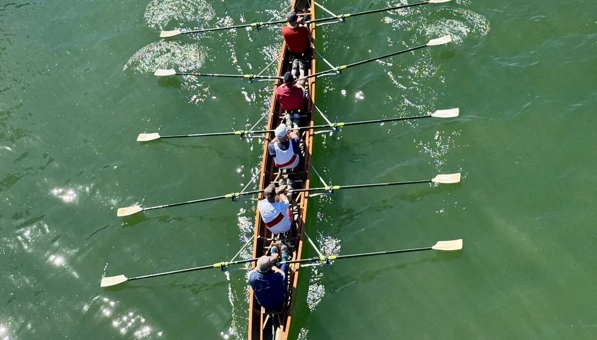 Sechs Personen rudern gemeinsam in einem schmalen Ruderboot auf grünem Wasser. | © DAV Dortmund