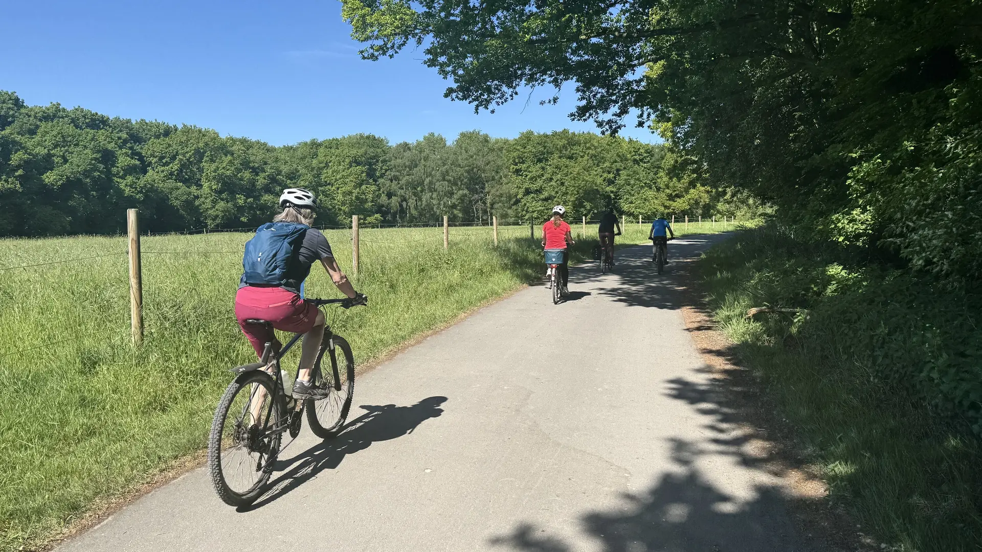 Mehrere Radfahrer*innen fahren bei Sonnenschein auf einem asphaltierten Weg neben einer Wiese. | © DAV Dortmund